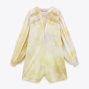 Zara NEW Yellow Tie-Dye Playsuit Jumpsuit Puff Sleeve V-Neck Size M